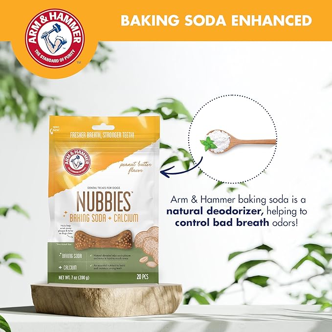 Arm & Hammer for Pets Nubbies Dental Treats Baking Soda Calcium Nubbed Texture Scrubs Plaque Tartar Peanut Butter Flavor Freshens Breath Daily Oral Care 20 Count 7 OZ Single Bag Home Dental Care