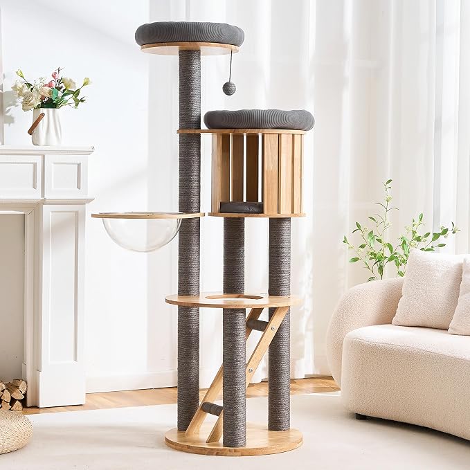 HITTITE Solid Wood Cat Tree Tower with Scratching Post, 61 Inches Tall Cat Towers with Capsule and Condo, Modern Cat Tower with Hammock and Removable Top Bed for Indoor Cats.Grey