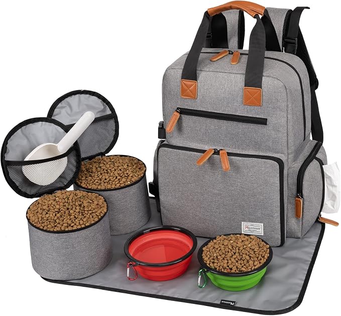 Modoker Dog Travel Bag, Airline Approved Backpack, Grey | Pet Accessories Organizer, 2 Food Storage Containers, 2 Collapsible Dog Bowls, Includes Pet Mat, Tote Weekend Bag