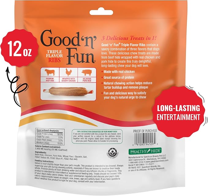 Good ‘n’ Fun Triple Flavor Ribs Chews for All Dogs, Treat Your Dog to Long-Lasting Chews Made with Beef Hide, Chicken and Pork Hide, 12 oz