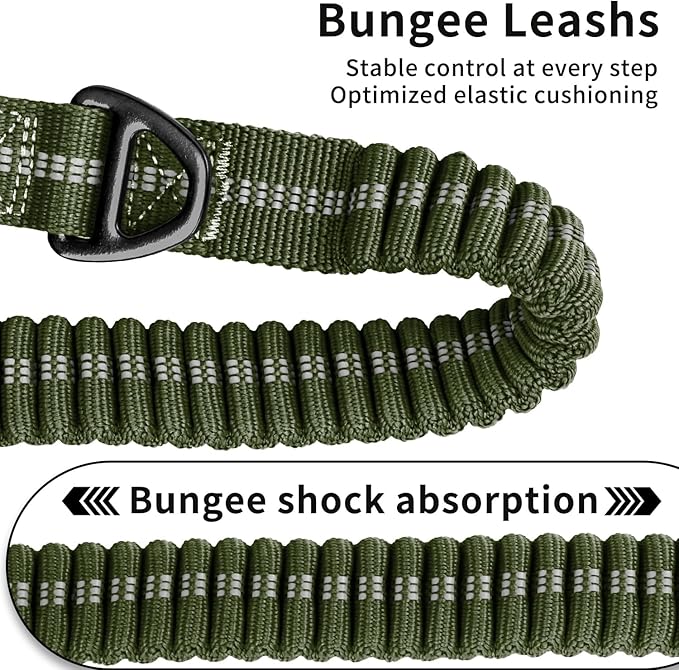 Heavy Duty Tactical Dog Leash, 4-6FT Shock Absorbing Bungee Lead with 2 Padded Handles, Metal Carabiner & Seatbelt Clip, Reflective No-Pull Leash for Medium/Large Dogs (ArmyGreen)