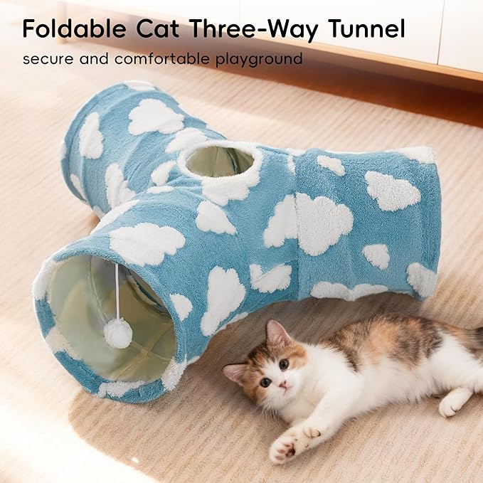 Tempcore Flannel Cat Tunnel for Indoor Cats, 3 Way Collapsible Pet Play Tunnel with Teaser Wand, Peek Holes & Hanging Ball, Interactive Tube for Kittens & Rabbits, Blue Cloud