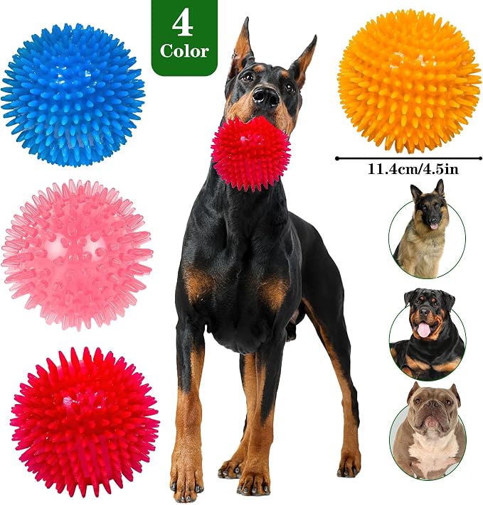 4.5″ Squeaky Dog Balls 4 Color Dog Toys Balls for Medium Large Dogs Pet Puppy Chew Toys for Teething No Odor Durable Spiky Balls for Teeth Cleaning and Training for Large Dogs (Large)