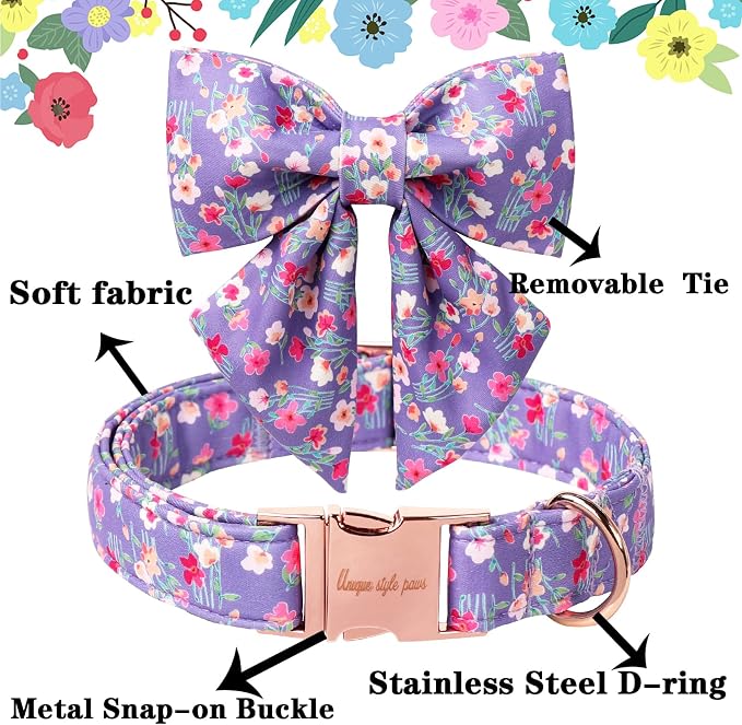 Unique style paws Cartoon Dog Collar with Bowtie Spring Summer Collar with Mutiflower for Small Medium Large Boys Girls Dogs