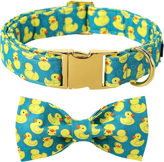 Maca Bates Summer Cute Duck Dog Collar with Bow Tie Funny Ducky Puppy Bowtie Collars Adjustable Durable Breakaway Green Fun Fancy Thick Collar for Boy Girl Male Female Dogs,Small