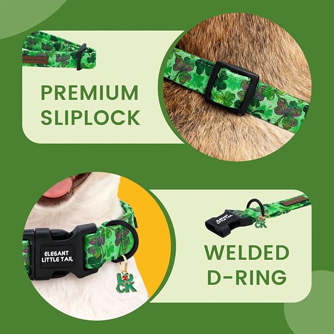 Elegant little tail St Patrick's Dog Collar - Green Cute Clover Cotton Shamrock Pet Collar Trefoil Adjustable Cotton Pet Collar with Quick Release Buckle for Large Dogs