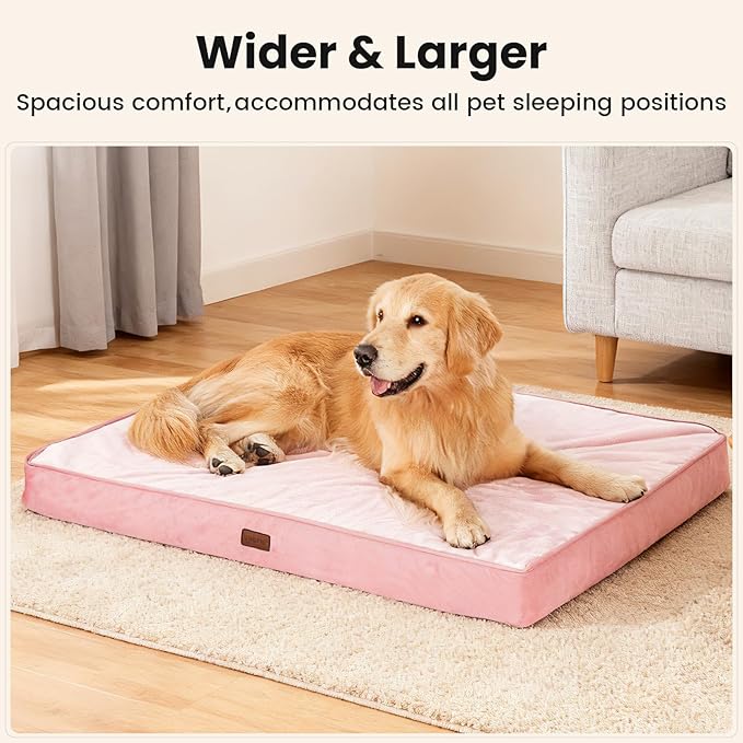OhGeni Orthopedic Waterproof Dog Bed for Large Dogs, Machine-Washable Removable Cover in Easy-Clean Fabric, Reversible Memory Foam & Easy-Carry Handle, Wider and Larger, 44 inch (Pink)