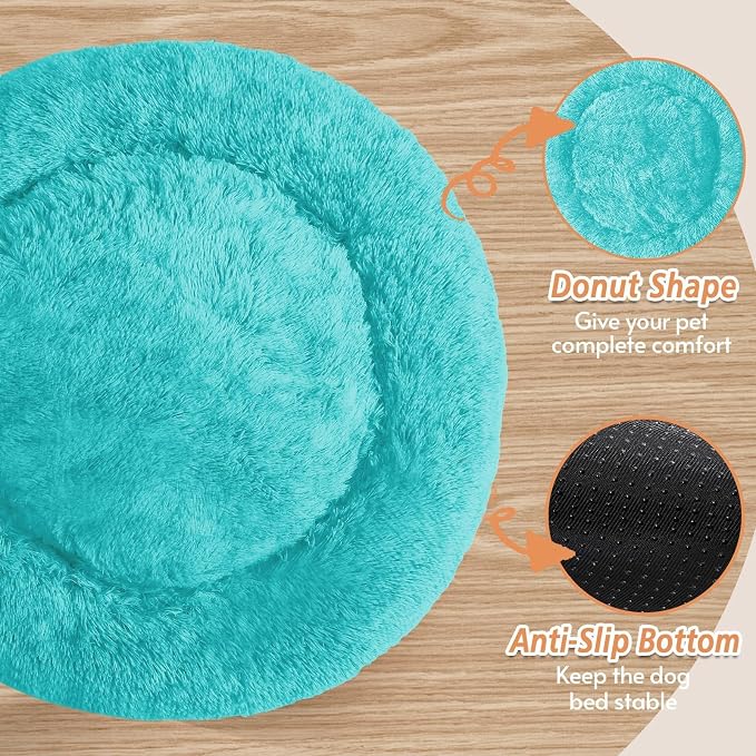 JOLLYVOGUE Calming Dog Beds Large Sized Dog, 36in Donut Washable Large Pet Bed, Anti-Slip & Anti-Anxiety Fluffy Faux Fur Round Dogs Bed, Fits up to 80 lbs Pets (Aqua Blue)