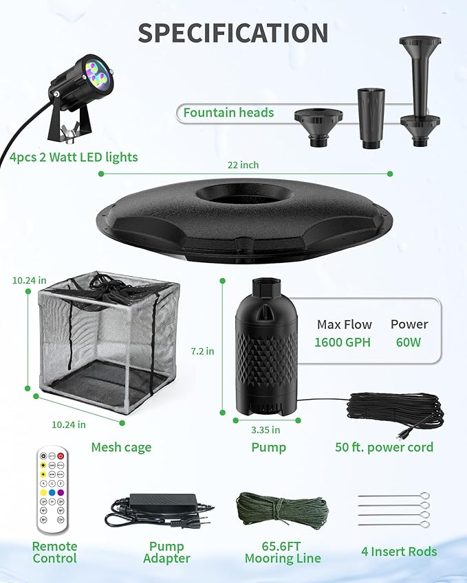 POPOSOAP Floating Pond Fountain With LED Lights, Pond Fountain Aerator Complete Kit with 1600GPH Water Pump 50FT Power Cord, 3 Spray Styles for Ponds, Pool, Lakes & Water Gardens P155
