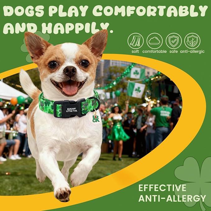 Elegant little tail St Patrick's Dog Collar - Green Cute Clover Cotton Shamrock Pet Collar Trefoil Adjustable Cotton Pet Collar with Quick Release Buckle for X-Small Dogs
