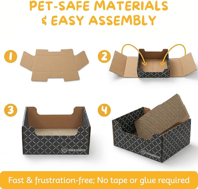 Hide & Scratch Cardboard Cat Scratcher Box & Bed - Dark Grey Diamond | Double-Sided Corrugated Pad for Indoor Cats | Refillable Scratching Board Toy for Play & Furniture Protection