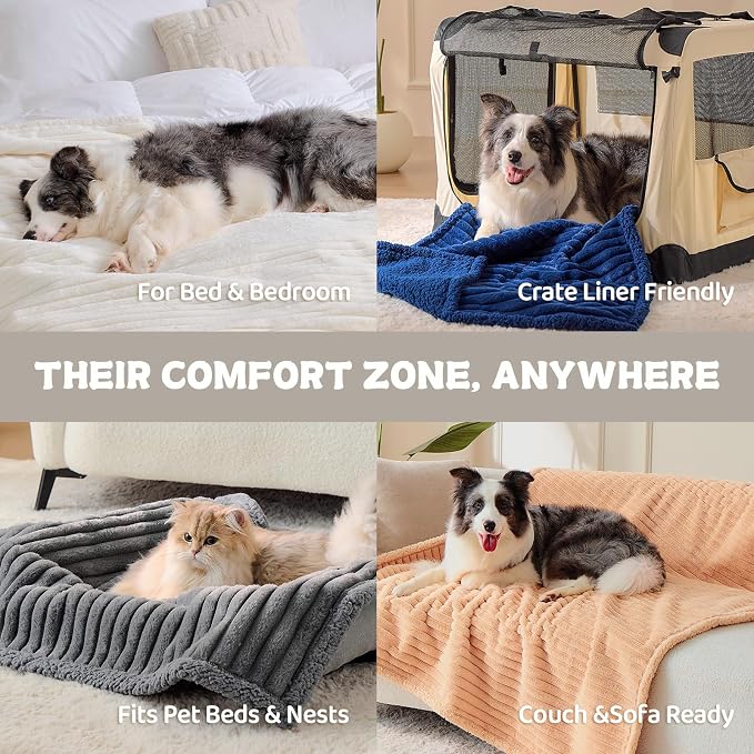 Qeils Waterproof Calming Dog Blanket for Large Dogs, Noiseless Soft Plush Pet Blanket for Bed, 500GSM Thick Faux Fur Pet Throw, Cozy Couch Furniture Protection Washable, Cream, 60x80IN