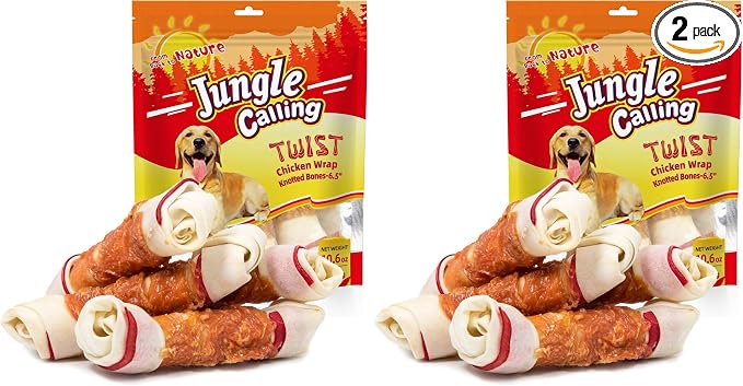 Jungle Calling Chicken Wrap Knotted Bones Dog Chews, Long Lasting Beefhide Treats Real Rawhide Bones for Large Dogs Edible Training Treats (Pack of 2)