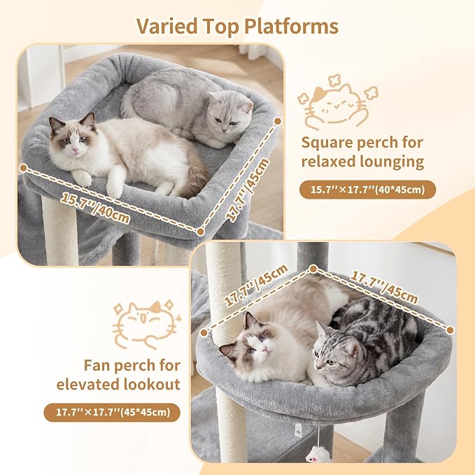 Heybly Cat Tree, 59.4" Secure Anti-Tip Cat Tower for Large Cats, Spacious Cat Furniture with Dual-Tier Cat Condo, 2 Top Perches, Hammock and Sisal Scratching Posts, Light Gray HCT055W