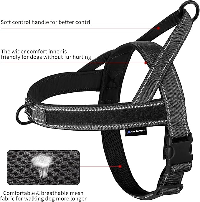 Annchwool No Pull Dog Harness with Soft Padded Handle,Reflective Strip Escape Proof and Quick Fit to Adjust Dog Harness,Easy for Training Walking for Small & Medium and Large Dogs(Black,XL)