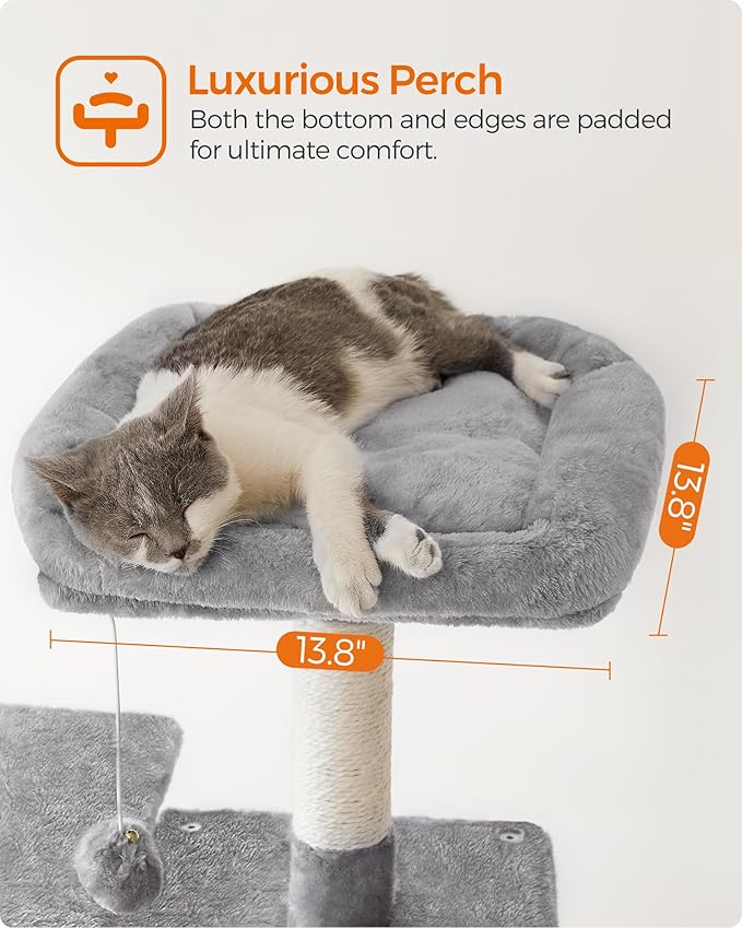 Feandrea Cat Tree, 54.2-Inch Cat Tower, Plush Multi-Level Condo with 4 Scratching Posts, 2 Perches, Hammock, Cave, Light Gray UPCT161W01