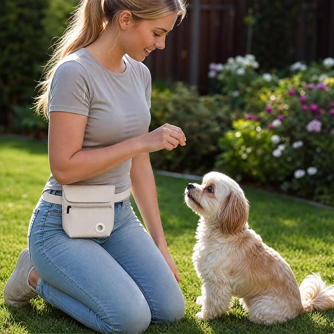 Dog Treat Pouch and Dog Training Clicker, Treat Bag with Poop Bag Dispenser, Powerful Magenetic Clasp, Metal Clip Waist Belt Fanny Pack for Pet Walk Dog Training (White)