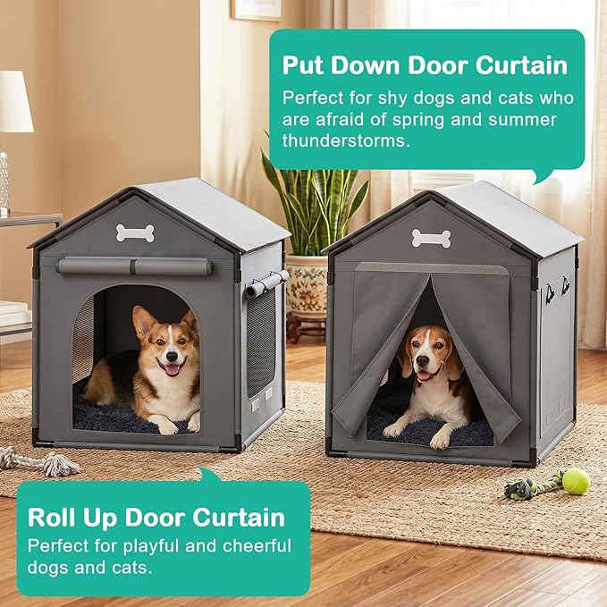 Dog House Indoor Outdoor Dog Kennel with Cushion for Small Medium Dogs Cats, Cozy Cooling Cat Nest Puppy Cave Sofa Pet Products Easy Assembly Grey, L w/Door Curtain: 27.6" L x 21.3" W x 26.8" H