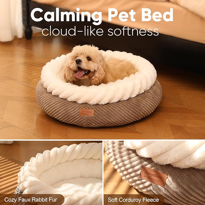 FUKUMARU Dog Bed, 25in Large Round Cat Beds, Plush Faux Fur&Corduroy Cat Beds, Cute Round Washable Pet Bed for Large Cats and Small Dogs, Cat Cave with Anti-Slip Bottom, 25inch, Camel