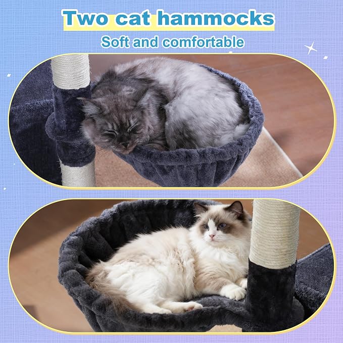 Hey-brother Cat Tree Tower, Scratching Posts with Extra Large Platform and Basket, Specious Condo, 2 Cozy Hammocks, Scratch Board for Indoor Adult Cats, Maine Coon 71.7 inches, Smoky Gray MPJ080G