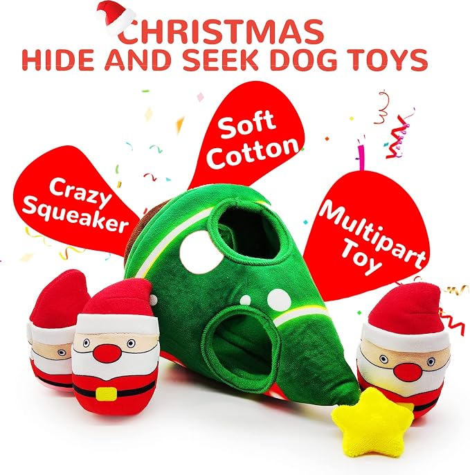 lilfrd Christmas Dog Toys, 4 Pack Santa Xmas Tree Hide Seek Squeaky Toy | Lovely Christmas seasonal treat, suitable for small and medium breeds