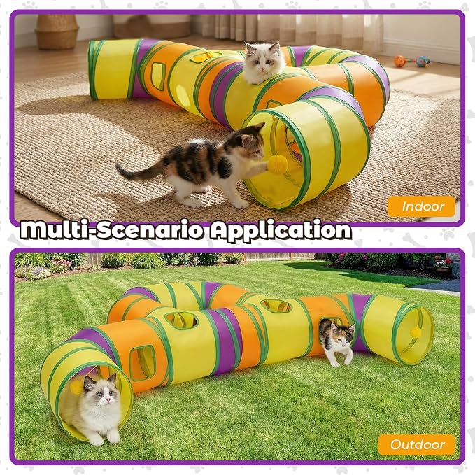 Cat Tunnel for Indoor Cats Large, Collapsible Cat Playhouse Pet Play Tunnel Tube Maze with Hanging Pom-Poms and Interactive Holes for Kitten, Kitty, Puppy, Rabbits, Ferret, Guinea Pig