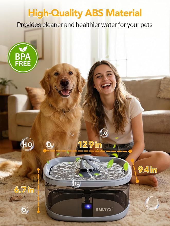SIBAYS 9.5L Dog Water Fountain for Large Dogs, 2.5Gal Large Capacity Pet Water Fountain with 3 Flow Modes and LED Light, Automatic Ultra Quiet Dog Water Bowl Dispenser, Easy to Clean (FS82, Grey)