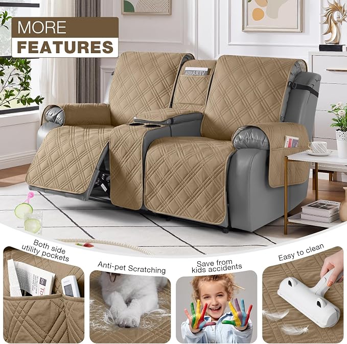 TAOCOCO Loveseat Recliner Cover with Center Console, 100% Waterproof Pet Cover for Dual Recliner with Straps Design, Split Reclining Loveseat Covers Furniture Pet&Kids Protector (2 Seater, Camel)