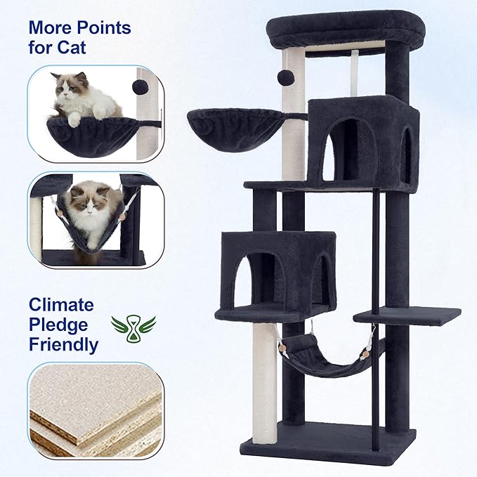 Gitelsnour 51.2'' Cat Tree Tower, Cat Tower with Scratching Post, Sturdy Steel Pube Cat Tree for Inoor Cats Large Adult, Cat Hammock and Basket, Padding Top Platform, Smoky Gray GCT014G