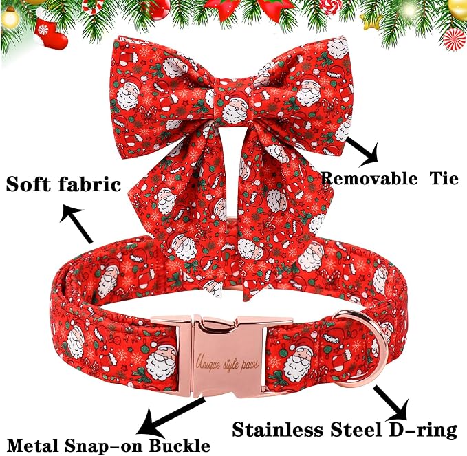 Unique Style Paws Christmas Dog Collar with Bowtie Red Hat Christmas Man Cotton Puppy Collars for Small Medium Large Dogs