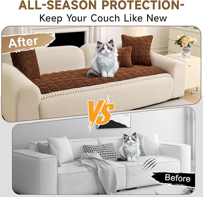 OTOB Sofa Covers for 3 Cushion Couch Washable, All Seasons Non Slip Fuzzy Pet Couch Cover, Soft Plush Geometric Jacquard Sofa Slipcovers, Kids Pet Friendly Dog Bed Mats (Dark Coffee, 27.6" x 70.9")