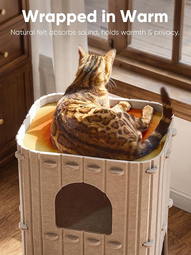 FUKUMARU Cat House for Indoor Cats, 23.62 Inch Large Cat Bed Cave Condo, 2-Storey Cozy Felt Covered Cats Tunnel Kitten Hideaway for Multicats, Scratch Resistant, Beige