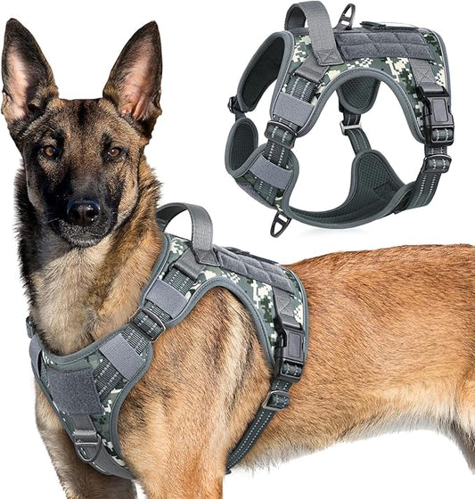 rabbitgoo Tactical Dog Harness for Large Dogs, No Pull Military Service Vest with Handle & Molle, Easy Control for Training Walking, Adjustable Reflective Straps, Dark Grey Camo, XL