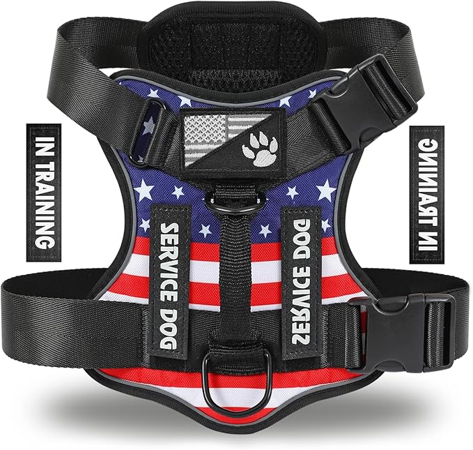 Service Dog Harness, Reflective Dog Vest Harness with 5 PCS Patches, Adjustable Soft Oxford Pet Harness, Inner Layer Mesh, Easy to Control for Dogs (USFLAG, Medium (Pack of 1))