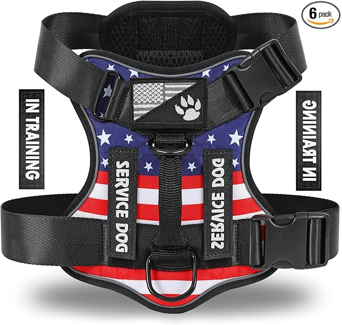 Service Dog Harness, Reflective Dog Vest Harness with 5 PCS Patches, Adjustable Soft Oxford Pet Harness, Inner Layer Mesh, Easy to Control for Dogs (USFLAG, Large (Pack of 1))