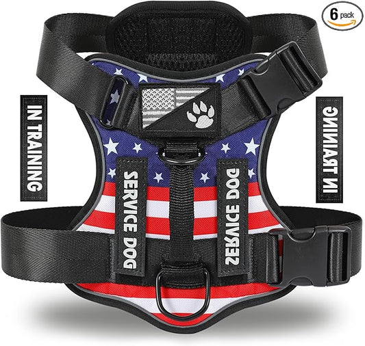 Service Dog Harness, Reflective Dog Vest Harness with 5 PCS Patches, Adjustable Soft Oxford Pet Harness, Inner Layer Mesh, Easy to Control for Dogs (USFLAG, X-Small (Pack of 1))