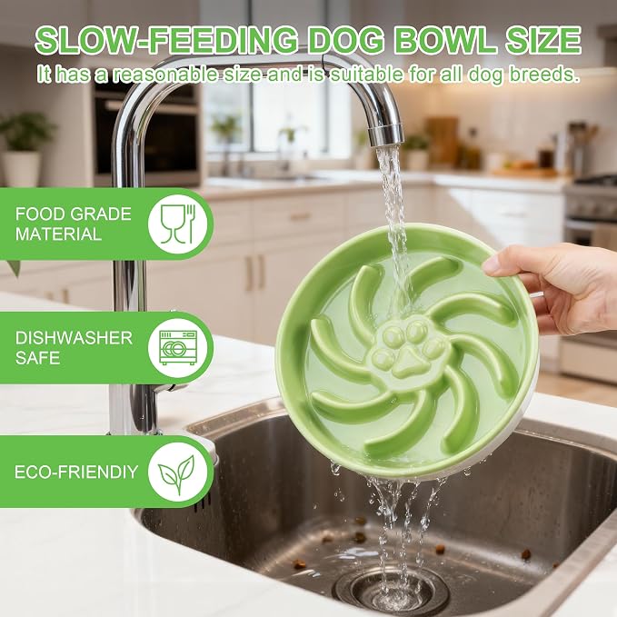Ceramic Slow Feeder Dog Bowl, 3 Cup Dog Food or 25oz Water, Slow Eating Bowl for Middle Breed, Maze Puzzle Feeder for Fast Eaters, Anti-Choking Stop Bloat, Non-Slip BPA Free (Green)