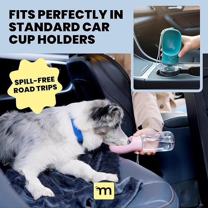 MalsiPree On the Go Dog Water Bottle Dispenser - 12 oz Pink - Leak-Proof Lock & One-Hand Operation - Pet Travel Bottle with Built-in Bowl, for Travel, Trail Hiking, Park Visit, Camping & Beach Days