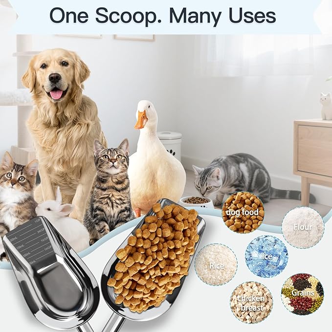 Dog-Cat Food Scoop 1 Cup – Thickened 304 Stainless Steel Pet Food Scoop with Long Handle, Precision Scale, Easy to Clean, for Wet Dry Food