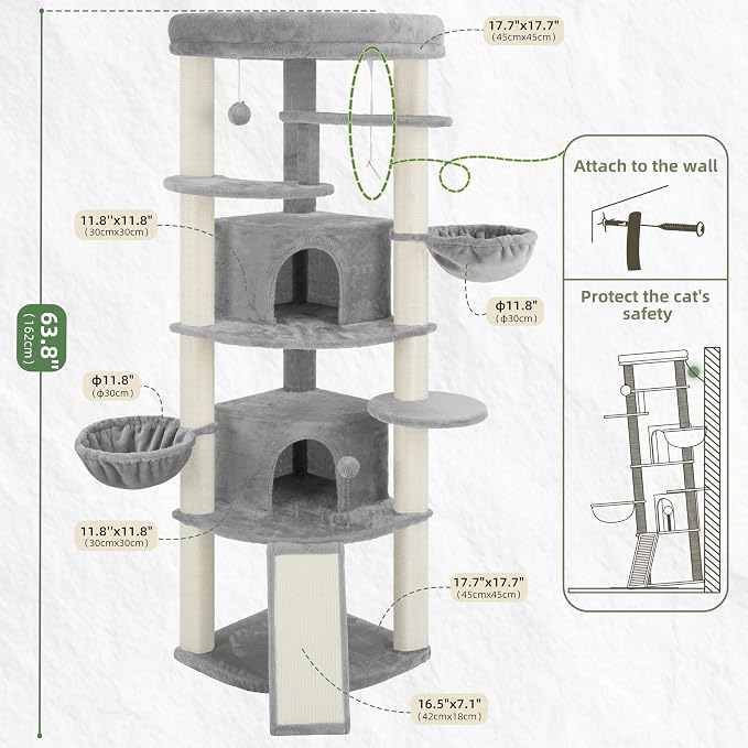 Gitelsnour Corner Cat Tree for Indoor Cats, Cat Tower with All Sisal Scratching Posts, Multi-Level Cat Condo wth 2 Large Cat Caves, Big Top Perch, 2 Hanging Baskets, Sisal Ramp, Light Gray GCT035W