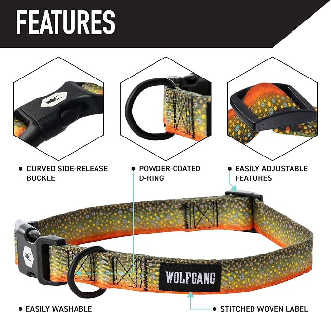 Wolfgang Heavy Duty, Adjustable Dog Collar with Quick Release Nylon Buckle for Walking & Training, BrookTrout Print, Small