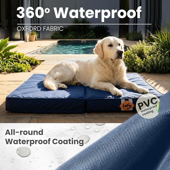 Laifug Foldable Waterproof Dog Bed for Large Dogs - Outdoor Orthopedic Dog Bed with Washable Removable Cover, Pet Mattress with Handles,Navy Blue, (36 x 27 x 3.5, inches)