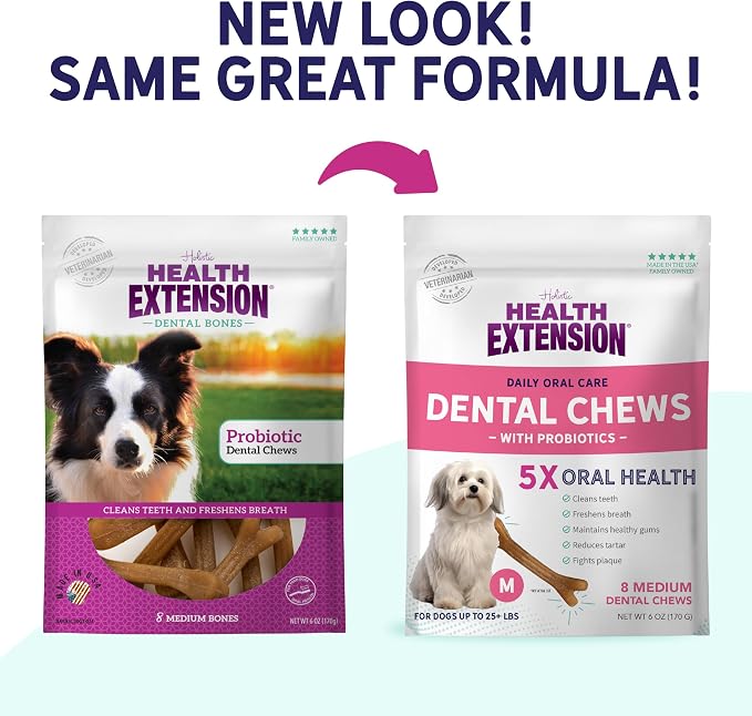 Health Extension Probiotic Dental Bones for Dogs, 8 Medium Bones, Cleans Teeth, Healthy Gums, Freshens Breath, Training or Reward, 6 oz Bag (Pack of 1)