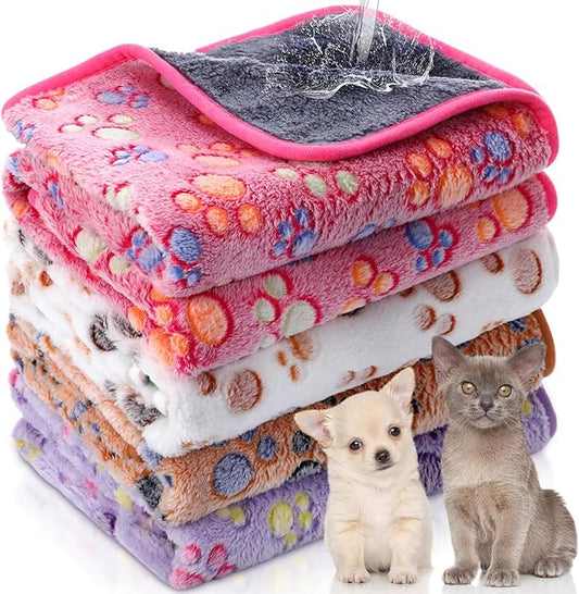 Panelee 4 Pcs Washable Dog Blankets Waterproof Cute Paw Print Fleece Blanket Reusable Puppy Blankets for Small Medium Pet Cat Whelping Warm Soft Mat Guinea Pig Cage Liners(24 x 16 Inch)