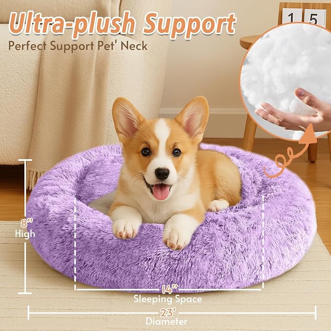 JOLLYVOGUE Calming Dog Bed for Small Dogs - 23 inches Donut Washable Small Dog Bed for Kittens & Puppies, Anti-Slip Round Fluffy Plush Faux Fur Cat Beds (Fits up to 25 lbs Pets, Purple)