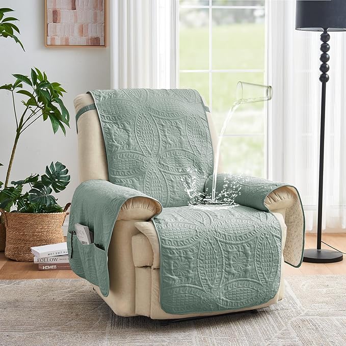 Quilted Recliner Covers, Water-Repellent Recliner Slipcovers, Recliner Covers Stay in Place, Pet Friendly Recliner Cover for Dogs, Washable Chair Protector (Recliner 22", Sage Blue)