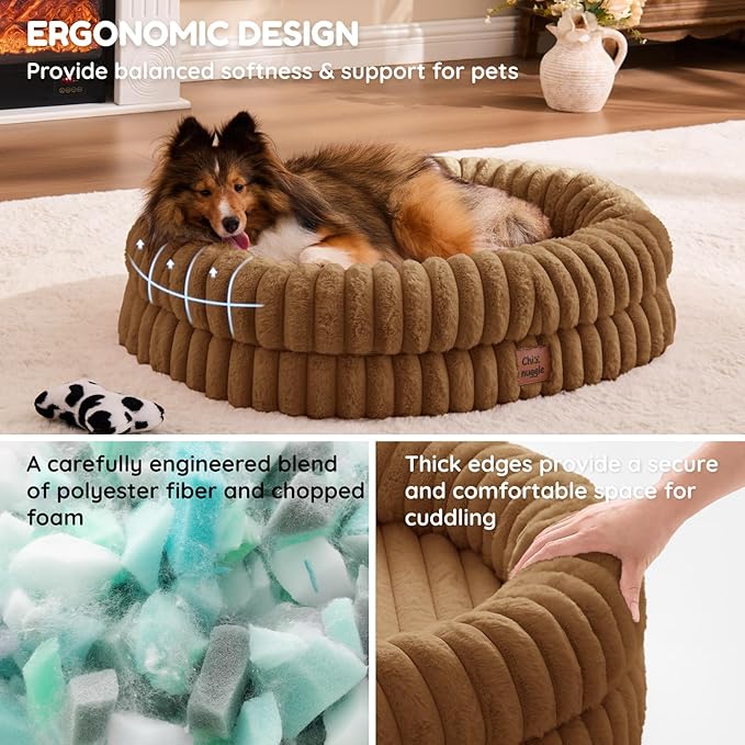 ChiXnuggle Orthopedic Dog Bed for Medium Dogs, Waterproof Faux Rabbit Fur Dog Couch with Egg Crate Foam Support and Washable Removable Cover, Bolster Pet Sofa with Non-Slip Bottom, 30x24x7, Brown