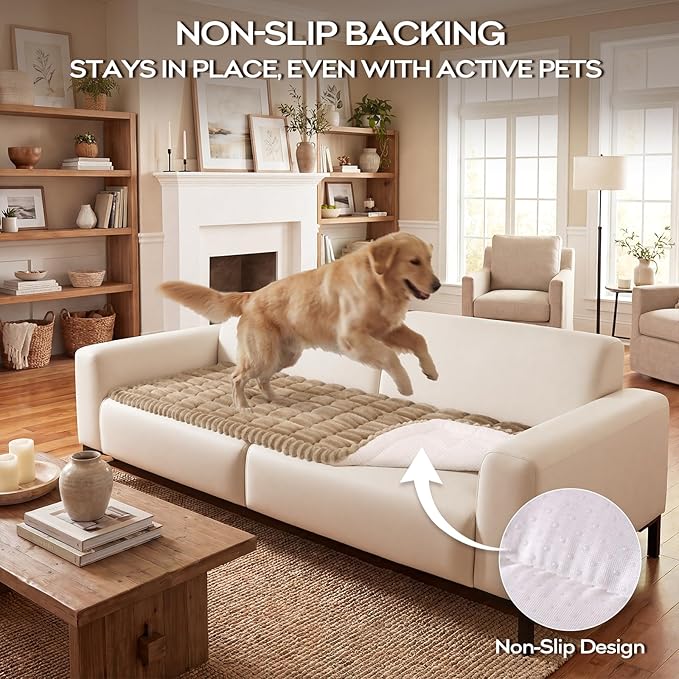 decorUhome Non-Slip Fuzzy Couch Cover for Dogs, Soft Thick Washable Pet-Friendly Protector, Sofa Slipcover for 3 Cushion Couch Sofa, Khaki, 27.6" x 70.9"