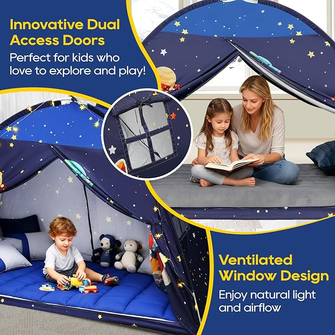 Full Bed Tent Canopy, Space Indoor Blackout Privacy Toddler Bed Tent for Kids with Light, Portable Sleeping Floor Kids Playhouse (Blue, Full Size)