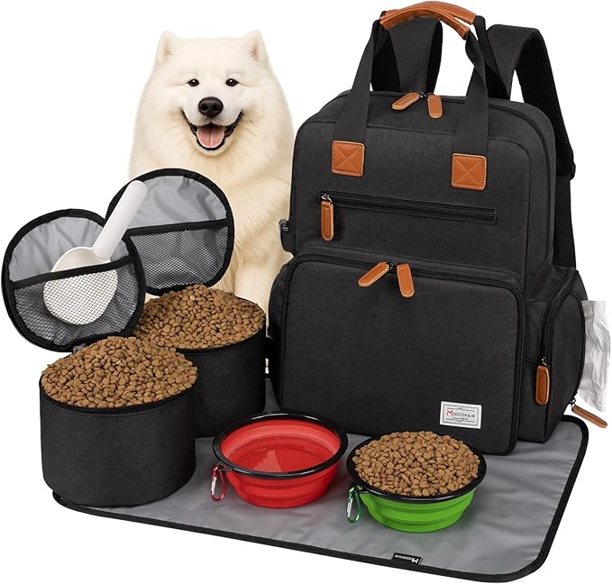Modoker Dog Travel Bag, Airline Approved Backpack for Pet Accessories Organizer, Tote Weekend Bag with 2 Dog Food Storage Containers, 2 Collapsible Bowls, 1 Pet Mat, Black